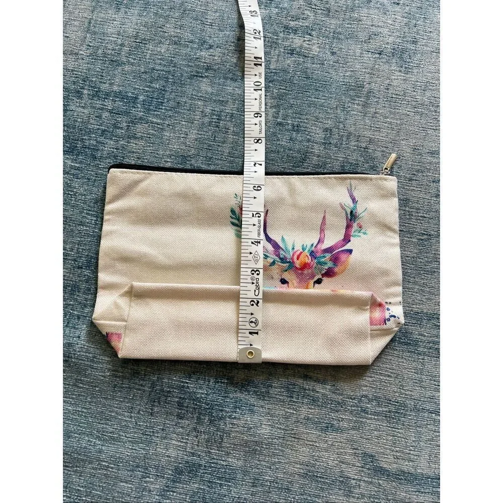 Watercolor Flower Buck Deer Cotton Canvas Small Makeup Bag Travel Toiletry Pouch